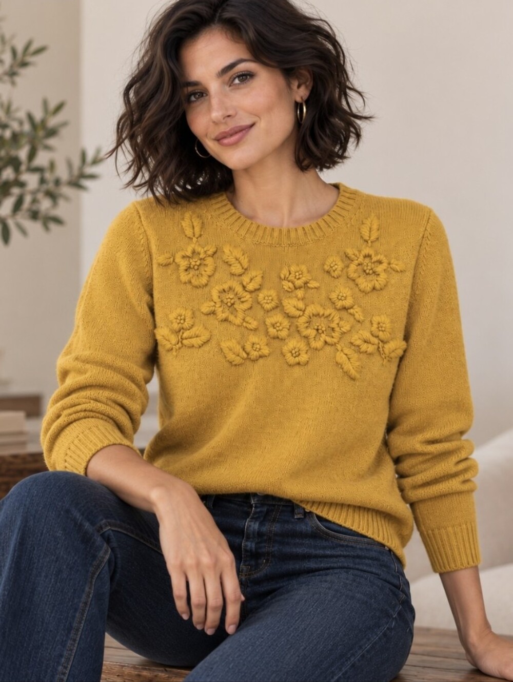 Boden Embroidered Crewneck Sweater Jumper Dijon Yellow Floral Women's Sz Small